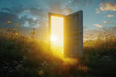 Open Door Standing In A Sunlit Meadow