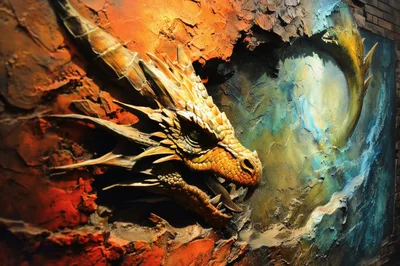 Three Dimensional Dragon Sculpture Emerging From Textured Wall