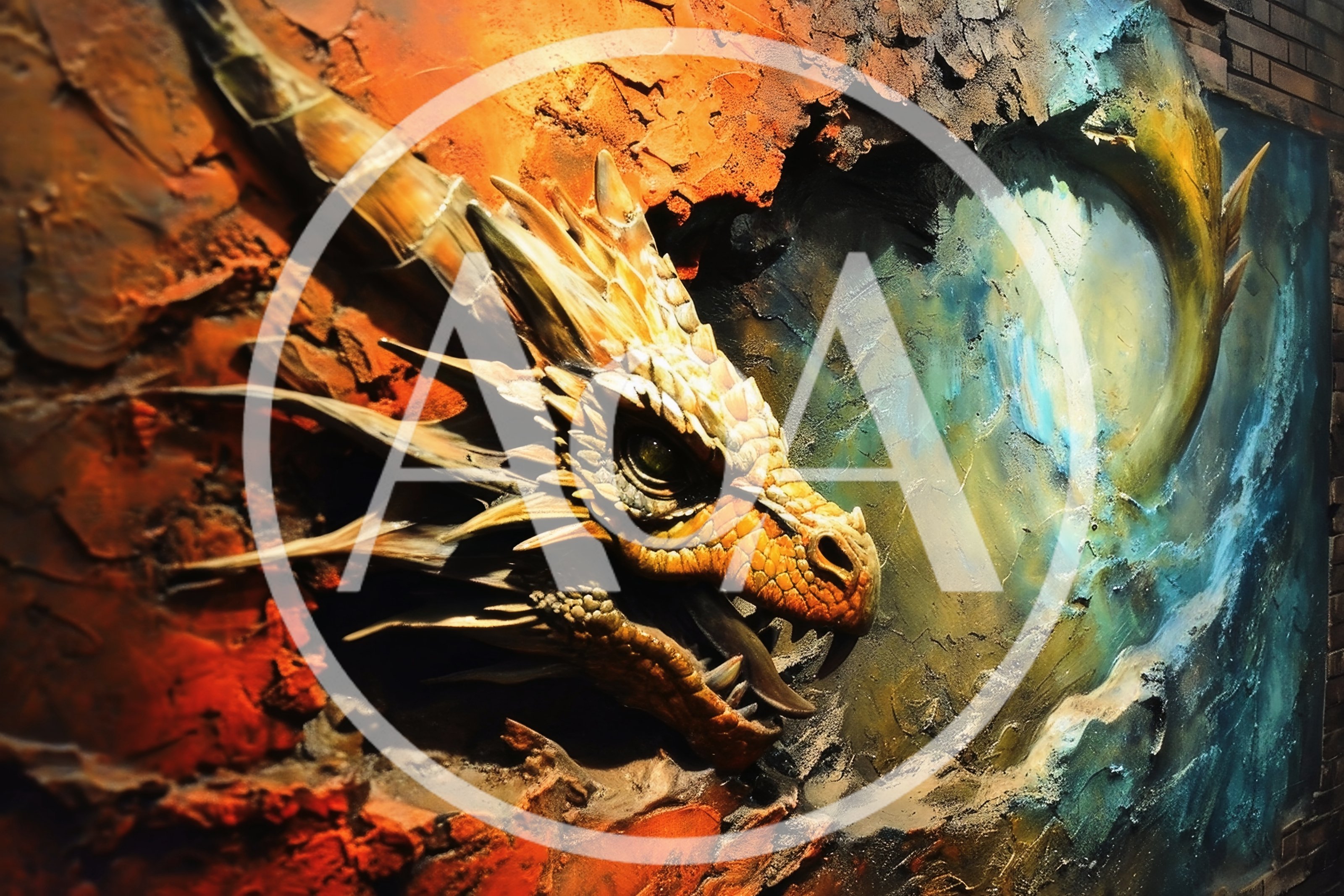 Three Dimensional Dragon Sculpture Emerging From Textured Wall