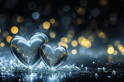 Two Glowing Glass Hearts On A Glittering Surface