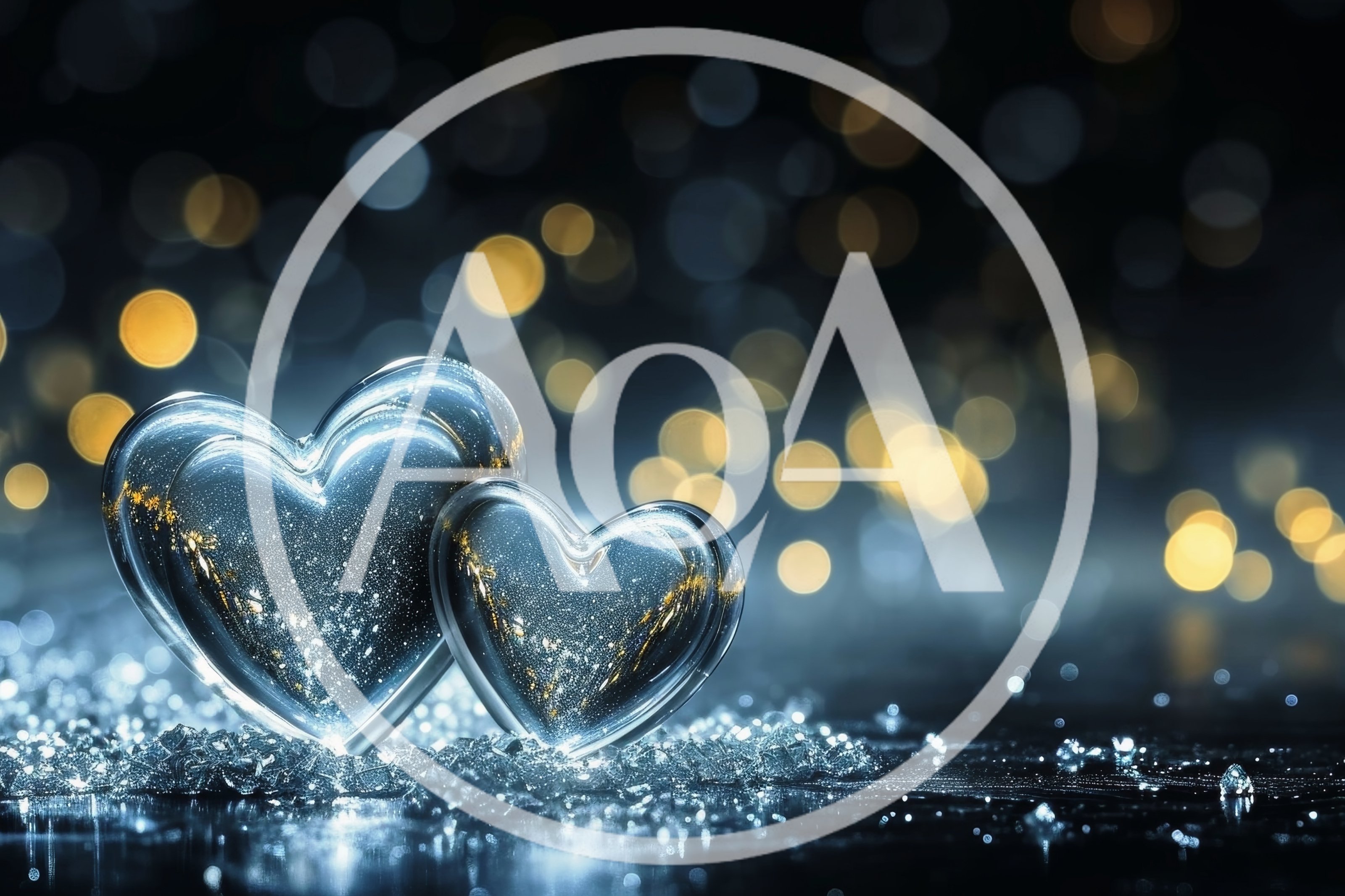 Two Glowing Glass Hearts On A Glittering Surface