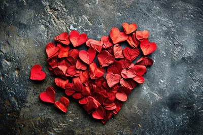 Red Heart Shaped Petals On Dark Stone Background