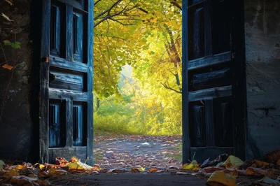 Open Wooden Doors Revealing A Vibrant Autumn Forest