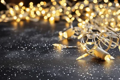 Warm Glowing Christmas Fairy Lights On Dark Surface