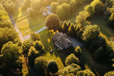 Aerial View of a Country House at Sunset