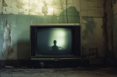 Vintage Television Set With Eerie Silhouette In Abandoned Room