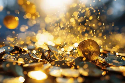 Bitcoin Cryptocurrency Coins With Golden Sparkle Effects