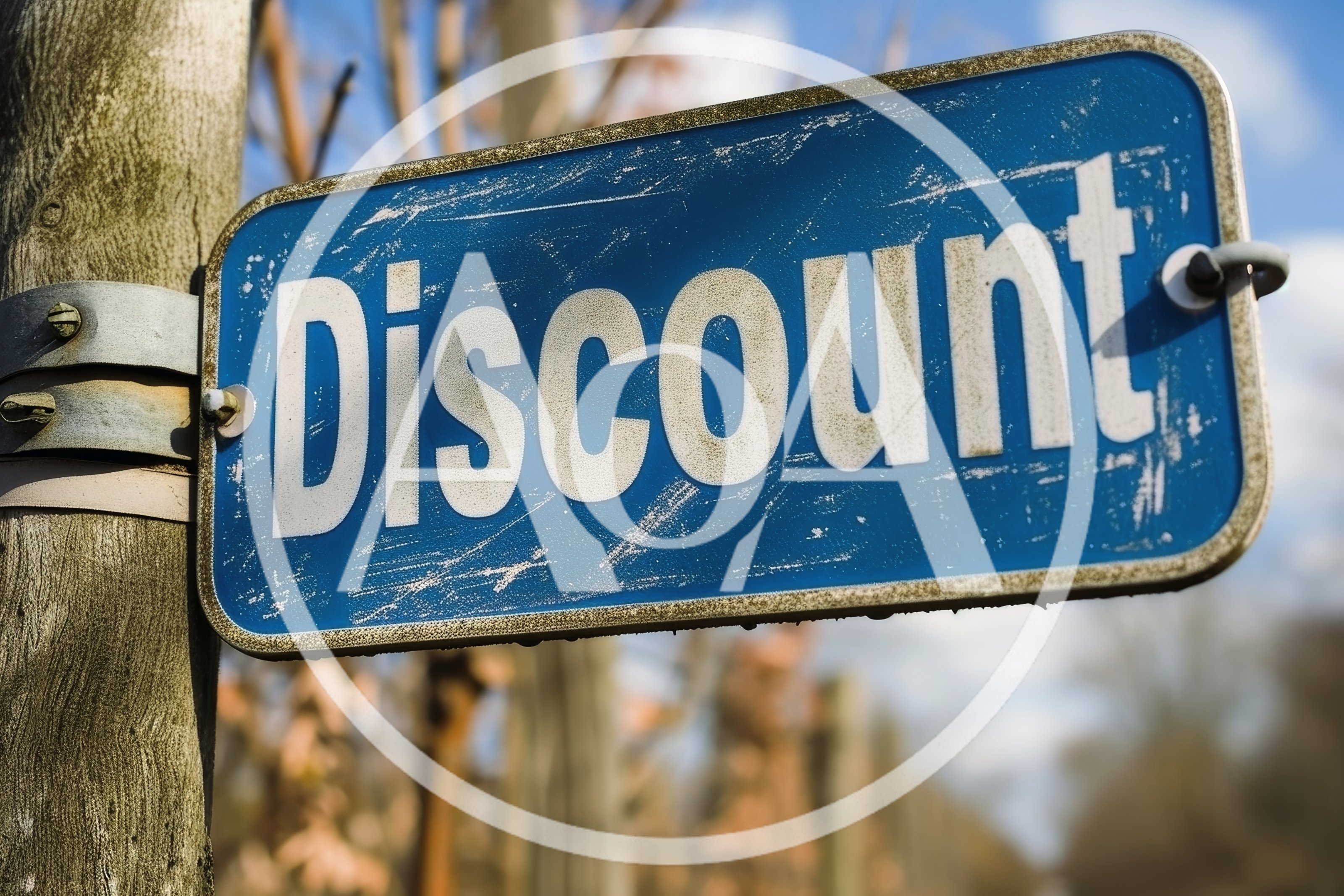 Blue Metal Discount Sign Attached To A Wooden Post