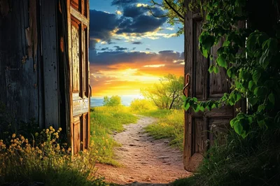 Open Wooden Doors Revealing A Golden Sunset Landscape