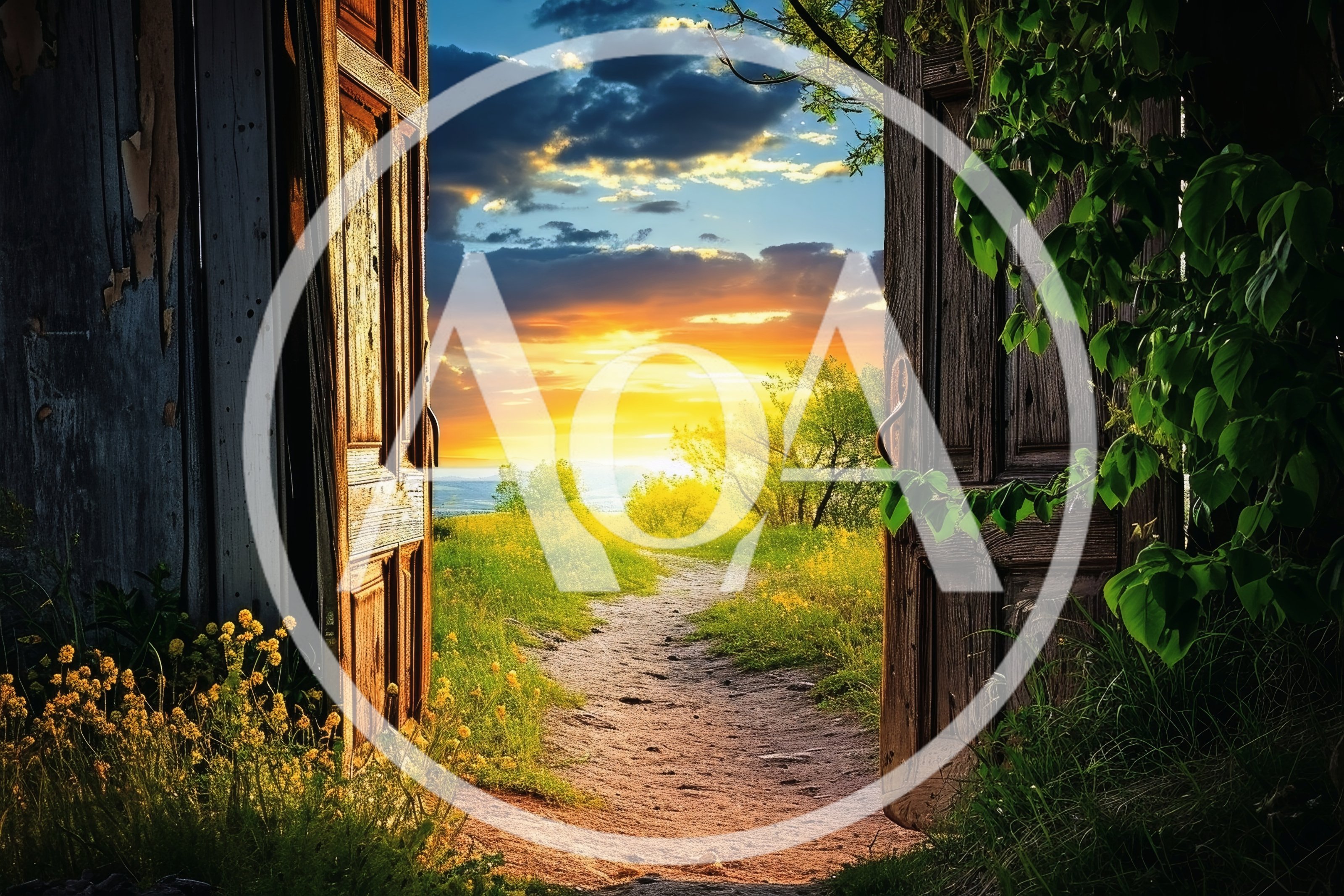 Open Wooden Doors Revealing A Golden Sunset Landscape