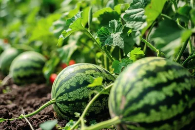 Fresh Watermelons Growing In A Sunny Garden