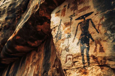 Ancient Petroglyphs Carved Into Sandstone Rock Face
