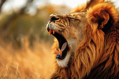 Majestic Male Lion Yawning In The African Savanna