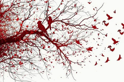 Red Birds Perched On Tree Branches With Flying Flock