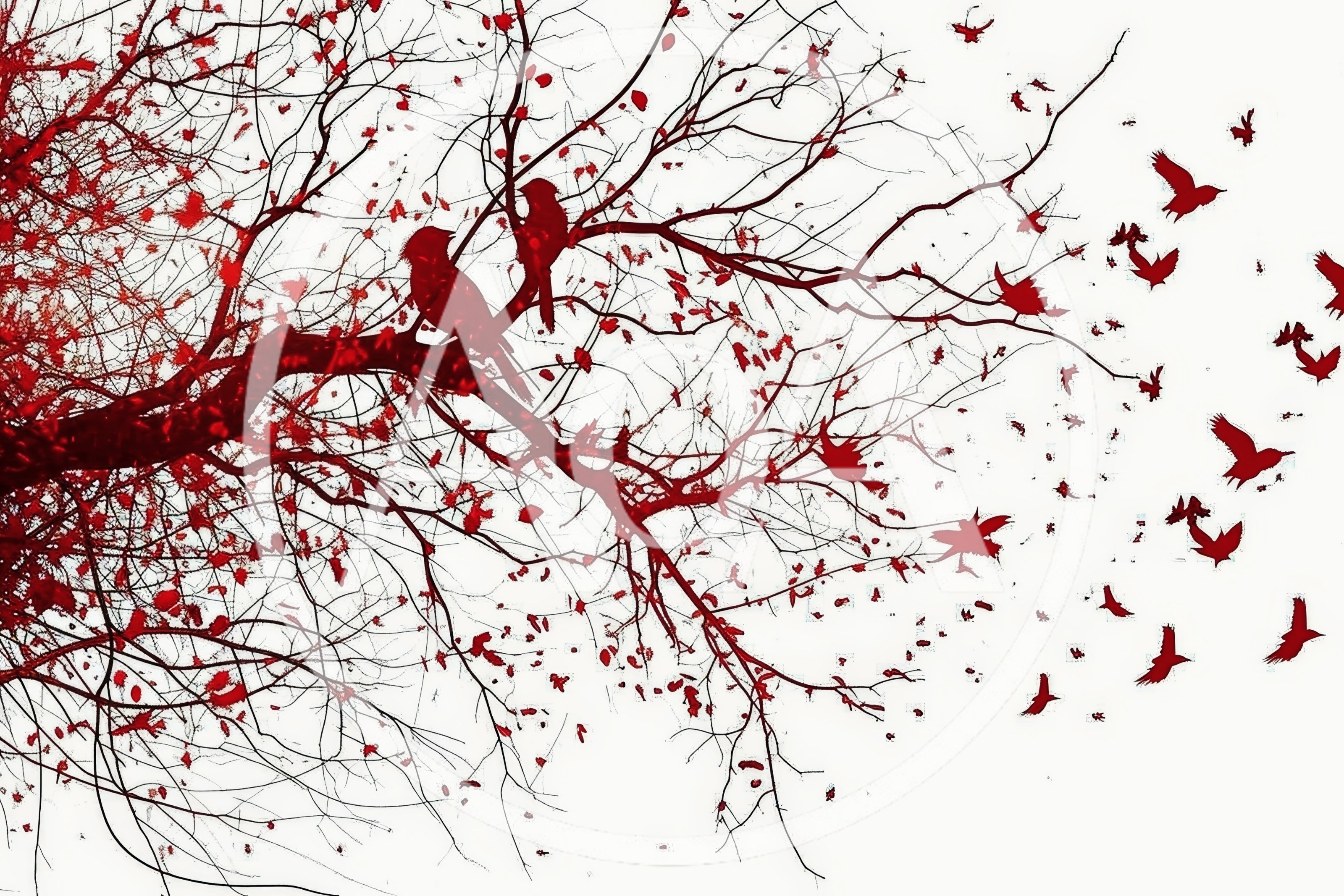 Red Birds Perched On Tree Branches With Flying Flock