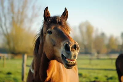 Brown Horse With Funny Expression In A Sunny Field