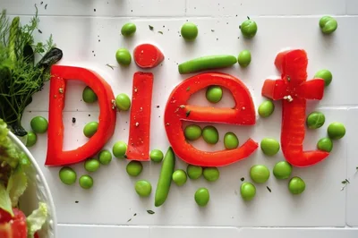 Diet Word Formed With Red Bell Pepper And Peas