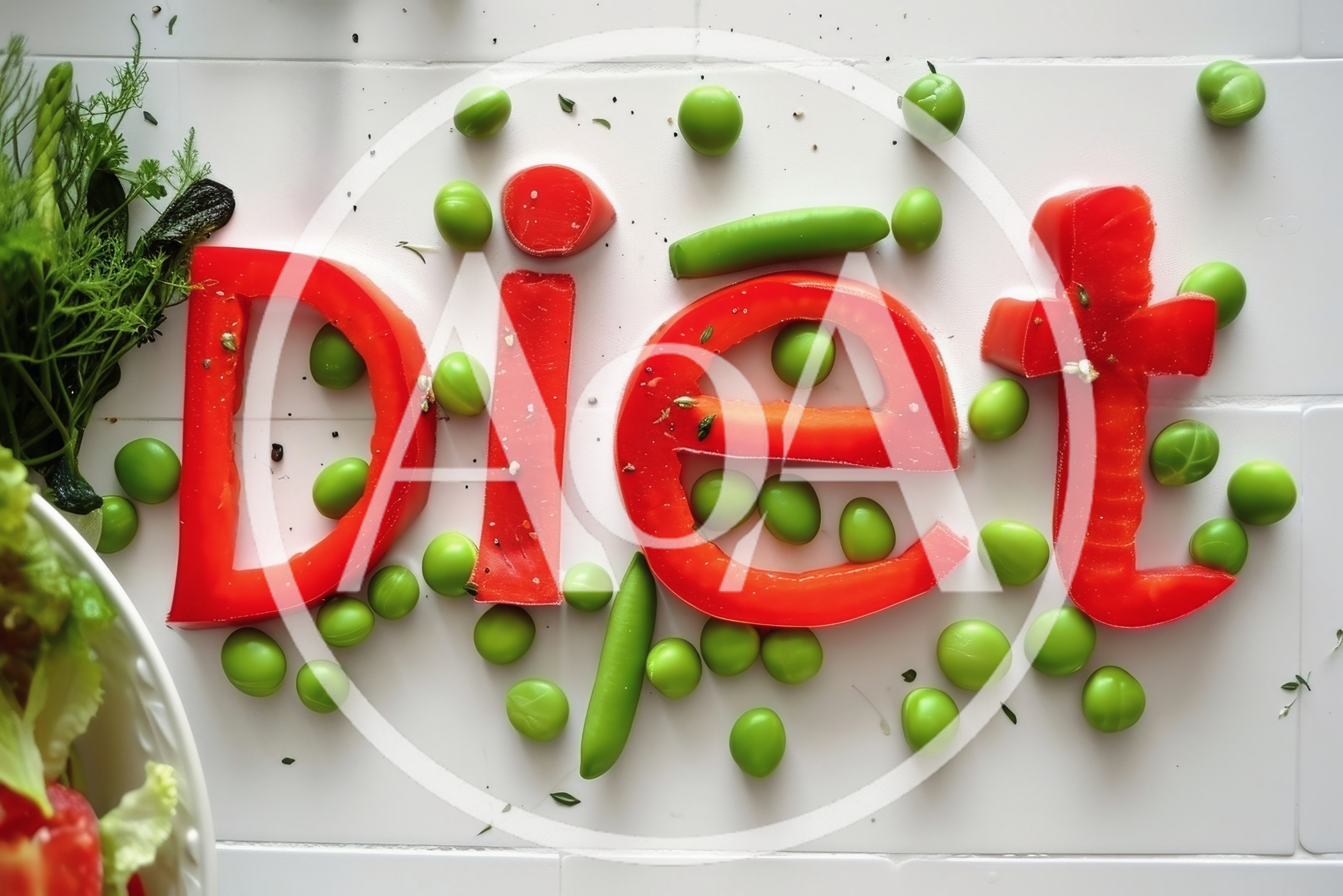 Diet Word Formed With Red Bell Pepper And Peas