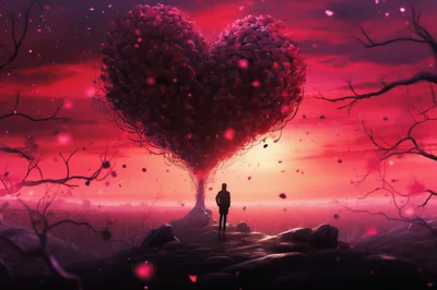 Silhouette Of A Person Standing Before A Heart Tree