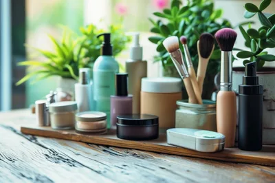 Cosmetic Products And Makeup Brushes On Wooden Table