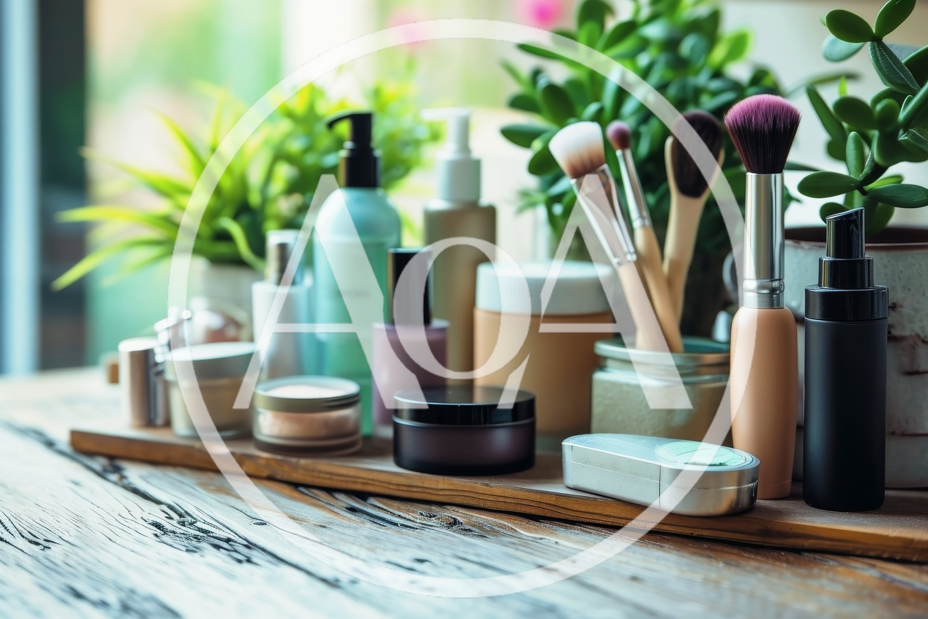 Cosmetic Products And Makeup Brushes On Wooden Table