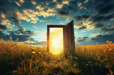Open Door Standing In A Golden Meadow At Sunset