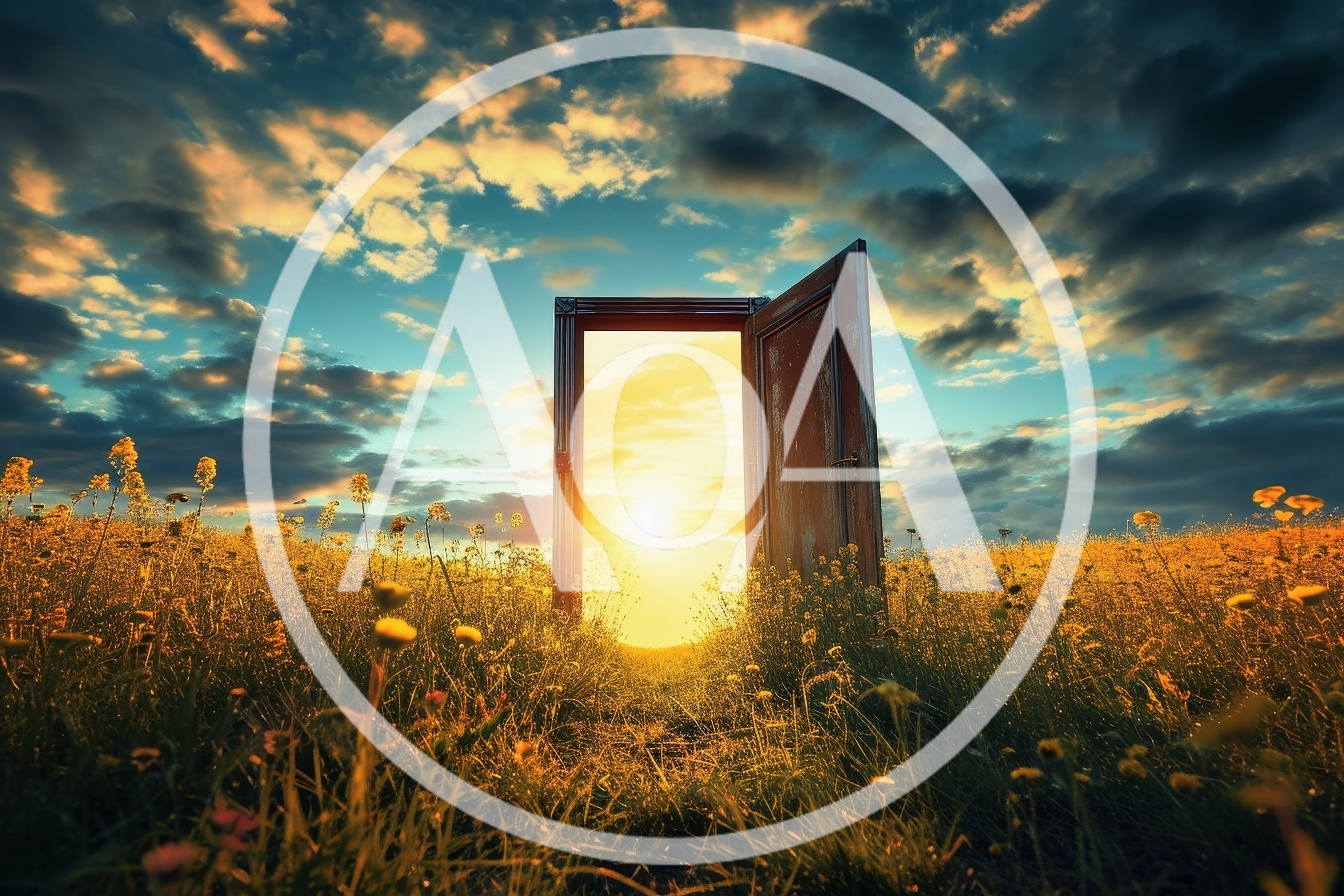 Open Door Standing In A Golden Meadow At Sunset
