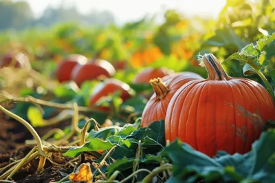 Ripe Orange Pumpkins Growing In A Sunny Field