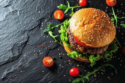Gourmet Beef Burger on Dark Slate Background