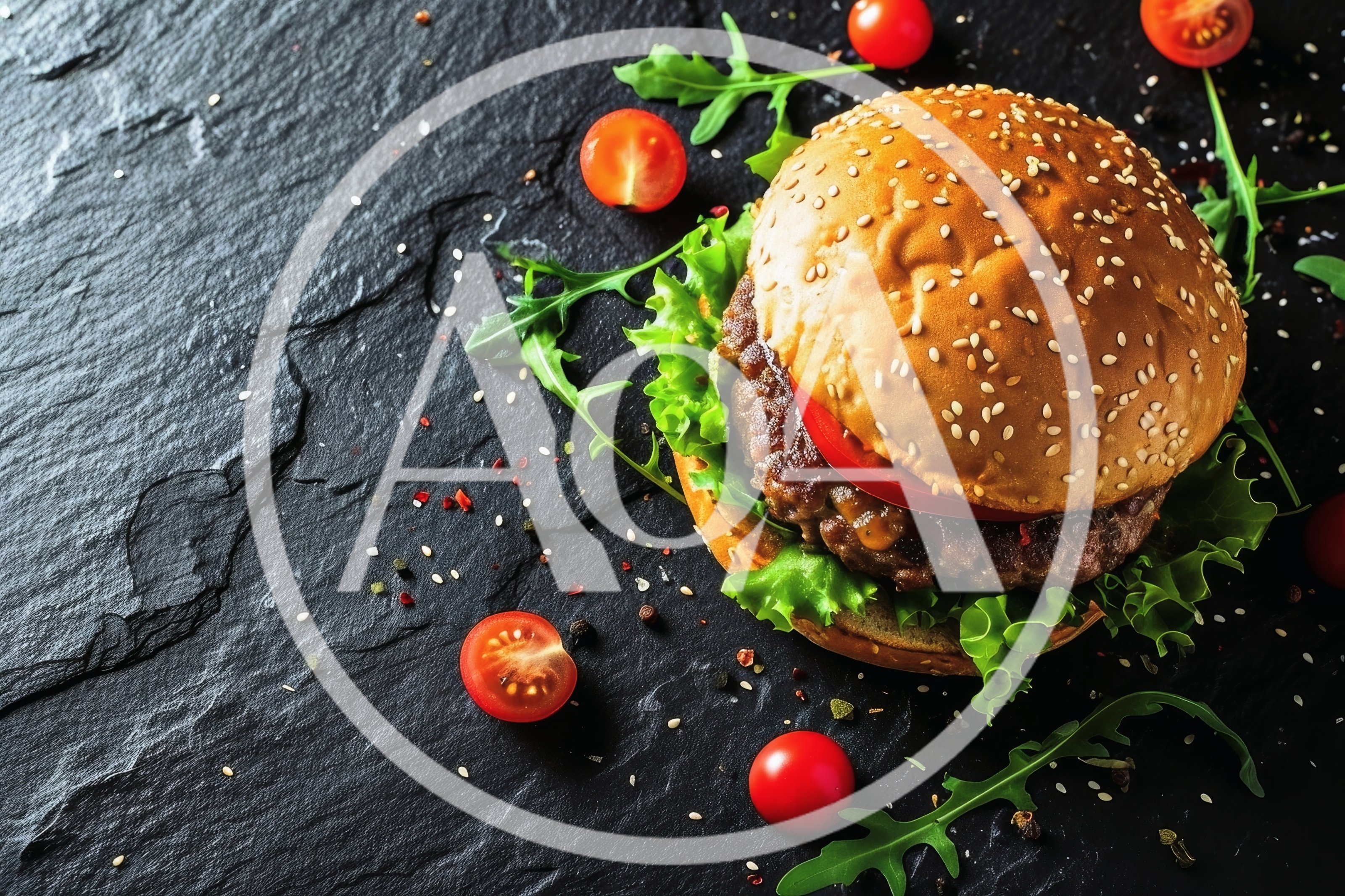 Gourmet Beef Burger on Dark Slate Background