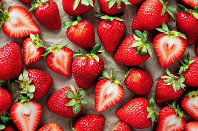 Fresh Ripe Strawberries Scattered On Parchment Paper