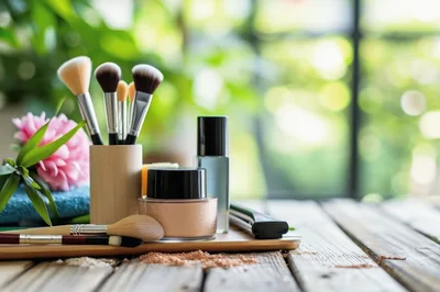 Makeup Brushes And Cosmetics On A Wooden Table