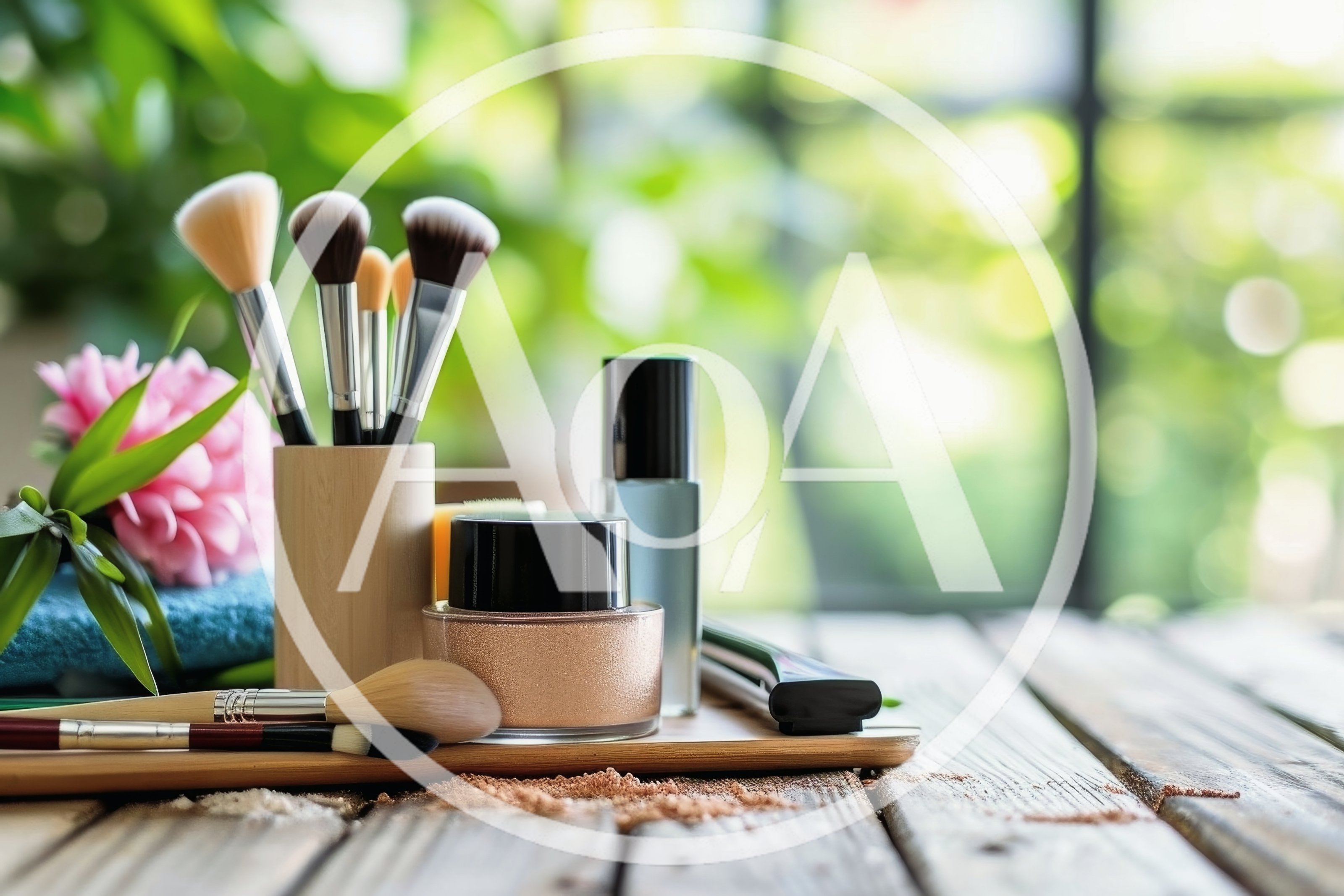 Makeup Brushes And Cosmetics On A Wooden Table