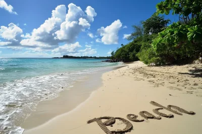 Word Beach Written In Sand On Tropical Shoreline