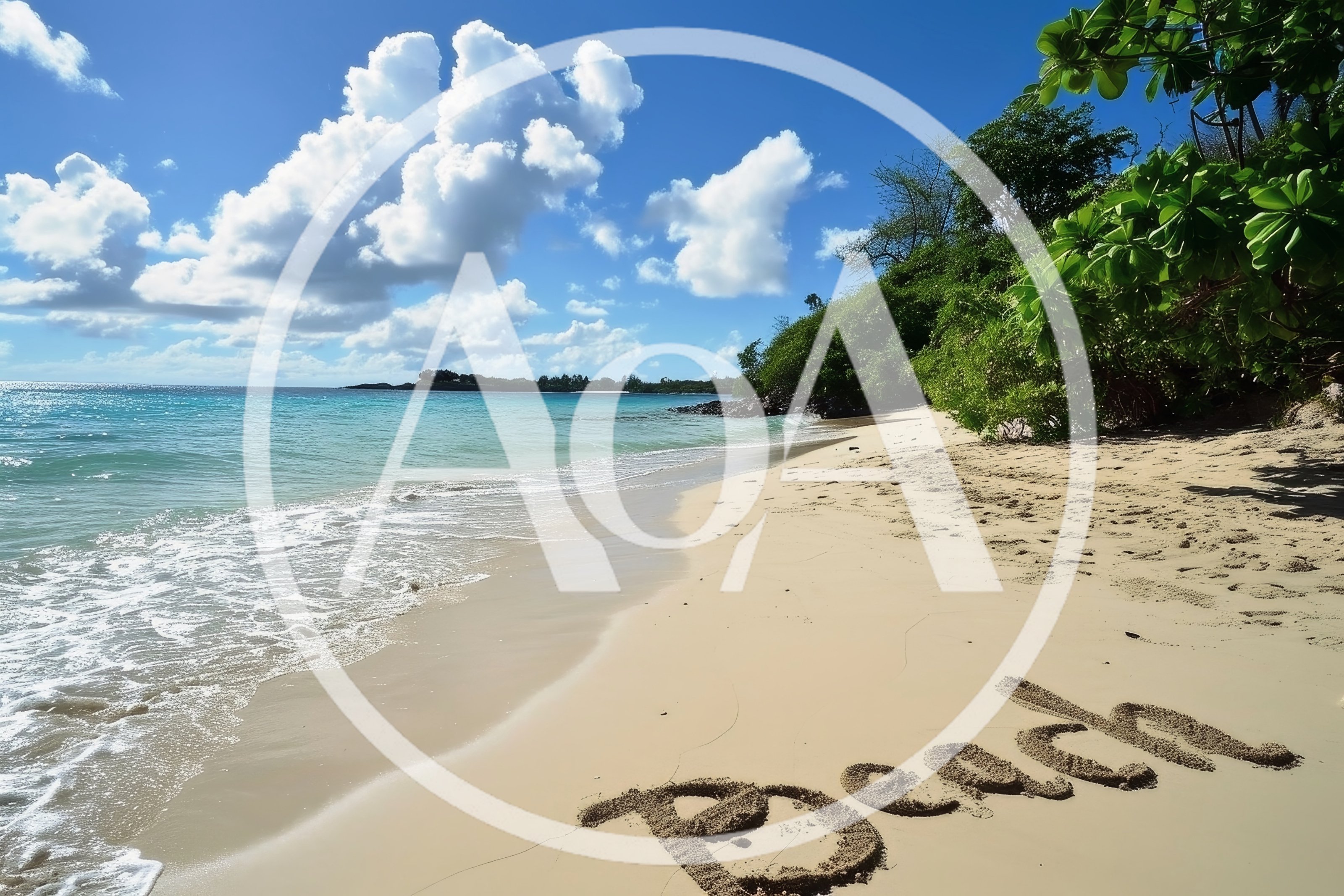 Word Beach Written In Sand On Tropical Shoreline
