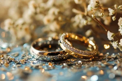 Two Elegant Wedding Rings With Glitter And Flowers