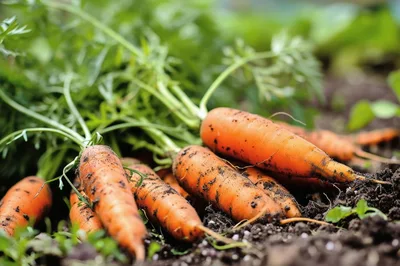 Freshly Harvested Organic Carrots In Garden Soil