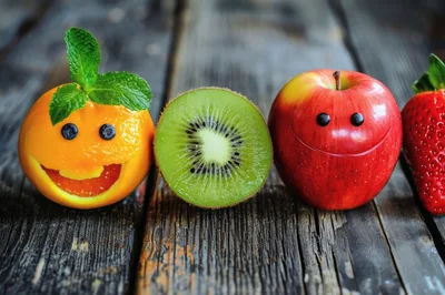 Funny Fruit Faces With Mint Leaves On Wooden Table