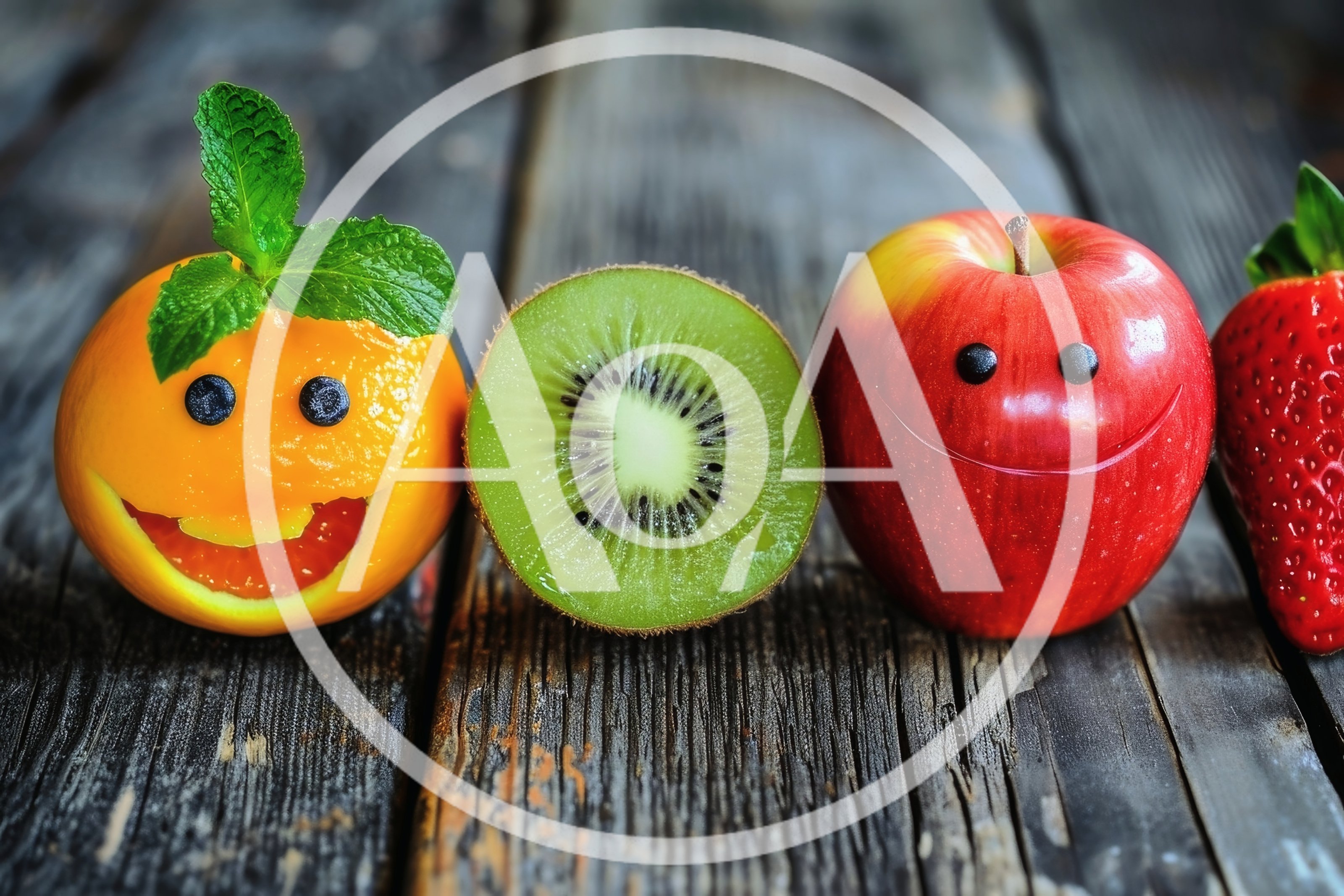 Funny Fruit Faces With Mint Leaves On Wooden Table