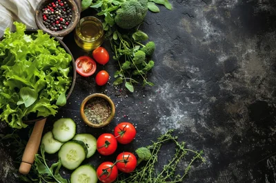 Fresh Vegetables and Herbs on Dark Rustic Background