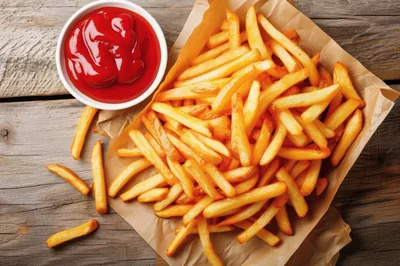 Crispy French Fries With Ketchup On Wooden Table