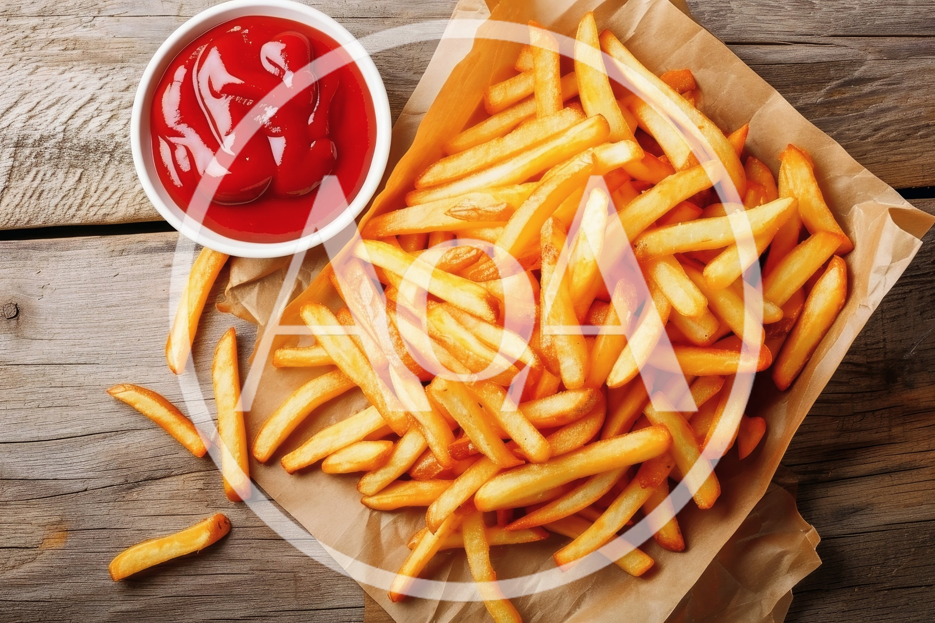 Crispy French Fries With Ketchup On Wooden Table