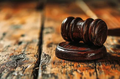 Wooden Judge Gavel Resting On A Rustic Table