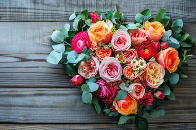 Heart Shaped Bouquet Of Colorful Roses On Wooden Background