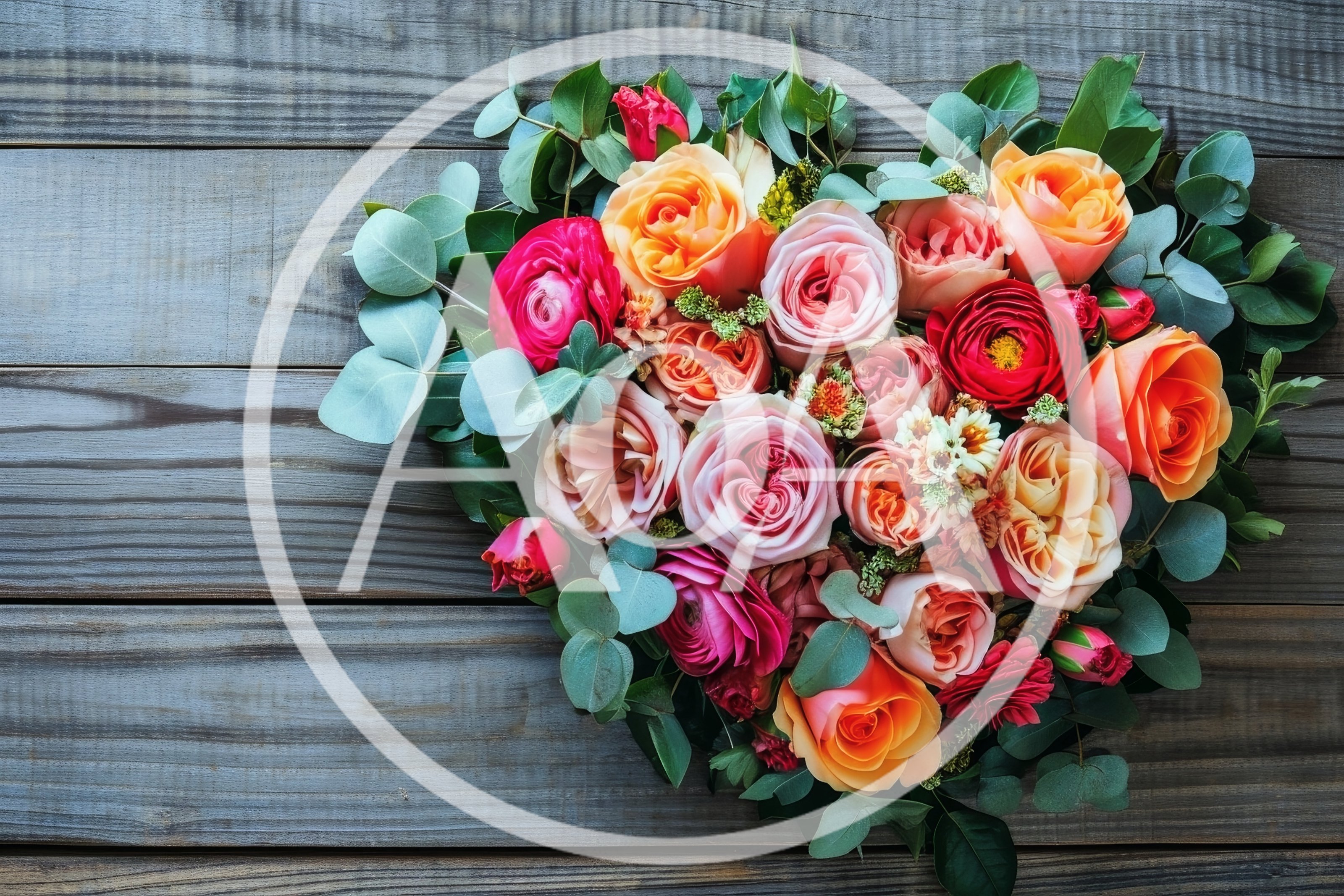 Heart Shaped Bouquet Of Colorful Roses On Wooden Background