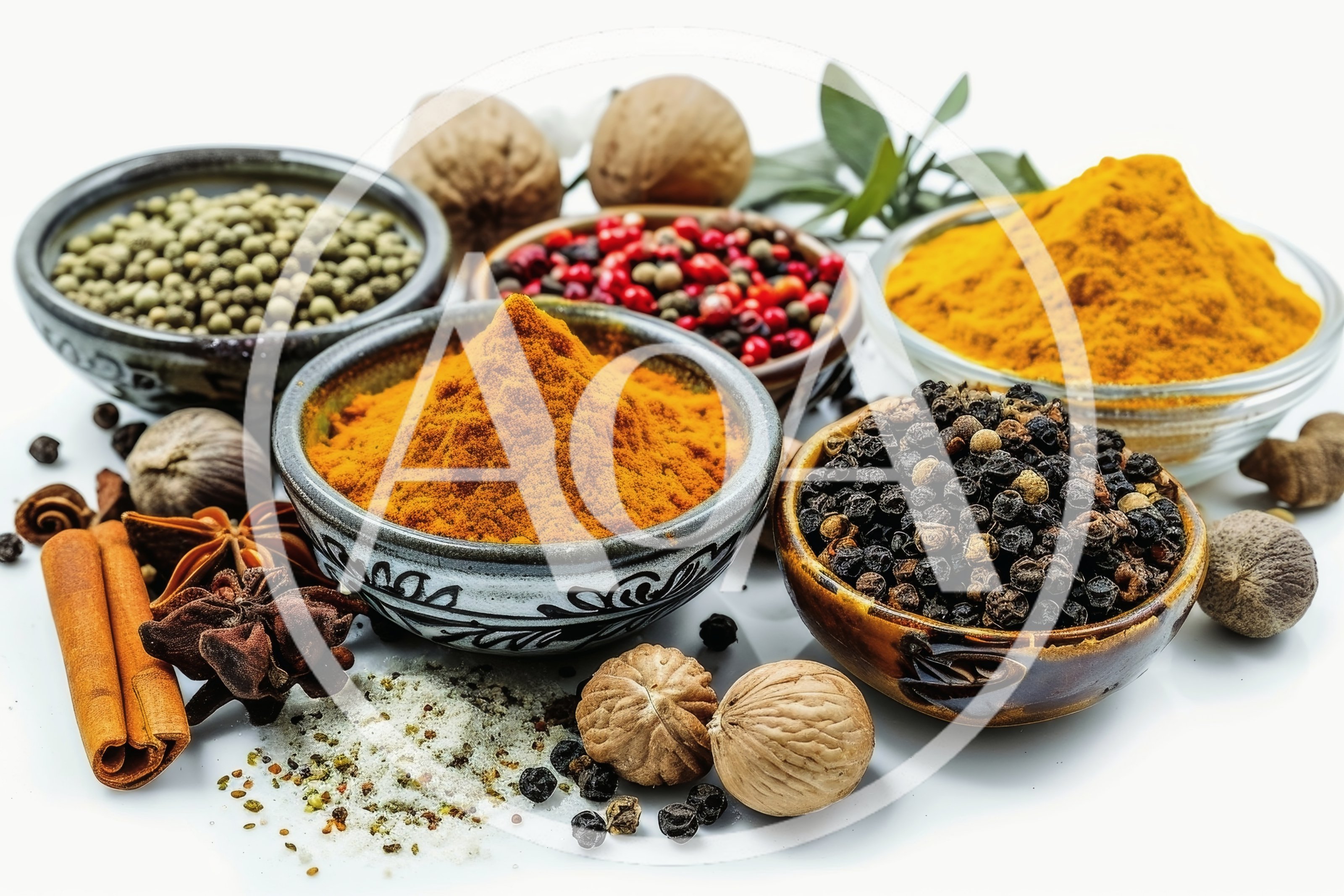 Assorted Spices and Herbs in Bowls