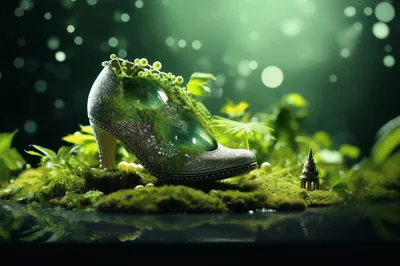 Ornate High Heel Shoe Decorated With Moss And Pearls