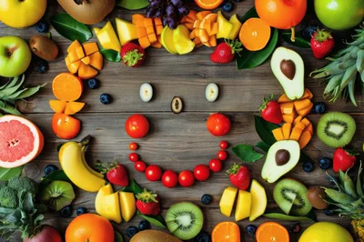 Fresh Fruit Smiley Face Arrangement on Wooden Background