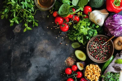 Fresh Vegetables and Spices on Dark Rustic Background
