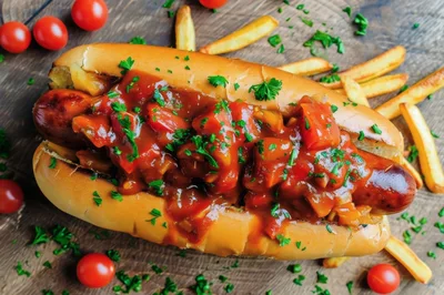 Gourmet Hot Dog With Tomato Relish And Fries